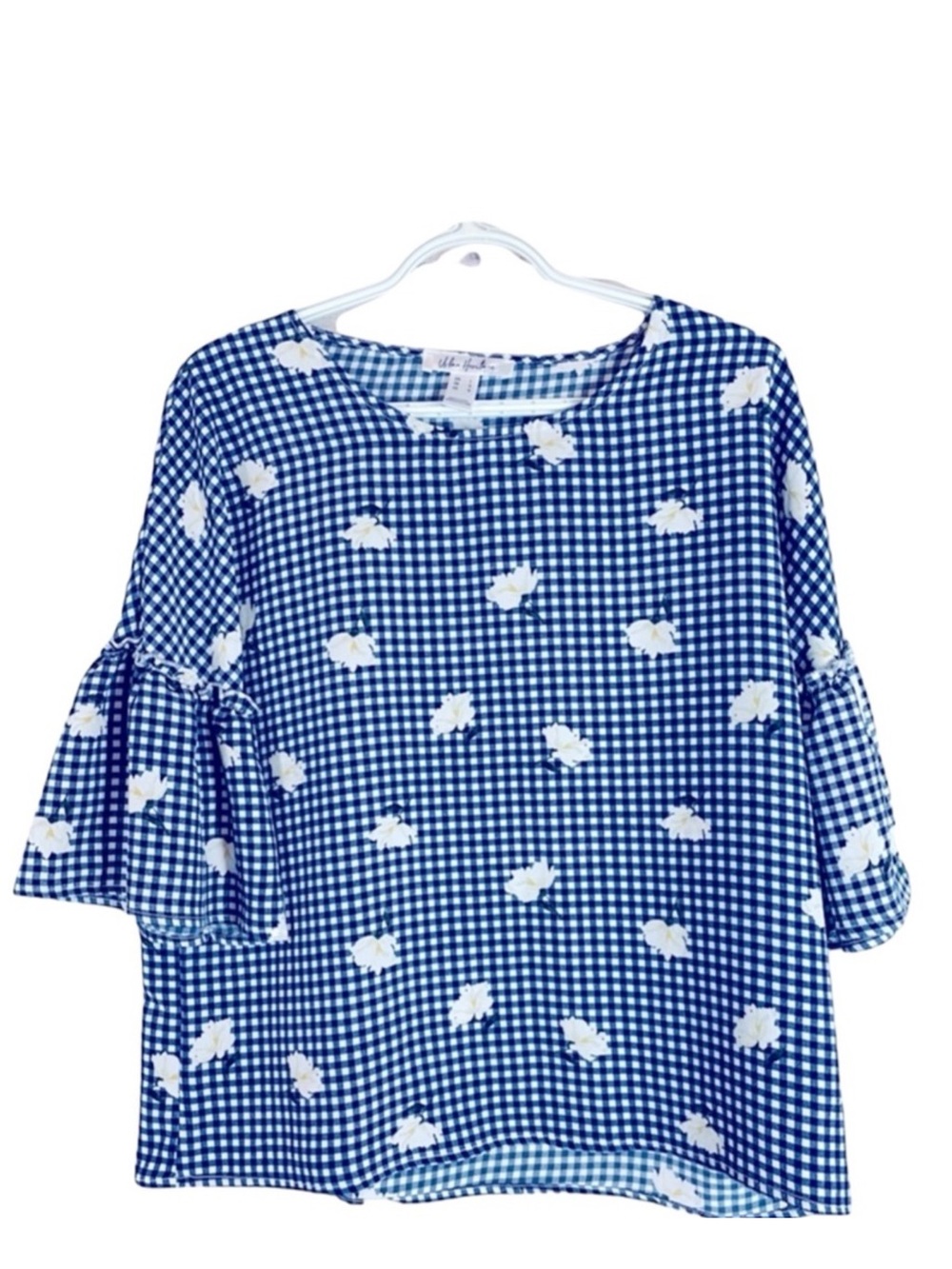 Blue Gingham Floral Bell-Sleeve Top - Large